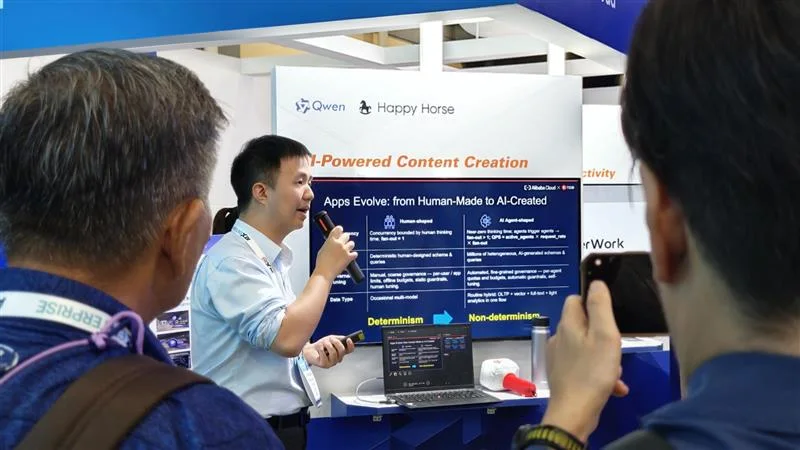 Visitors watching a live Qwen content-creation demonstration at the Alibaba Cloud activation; not a photograph of the printed business card